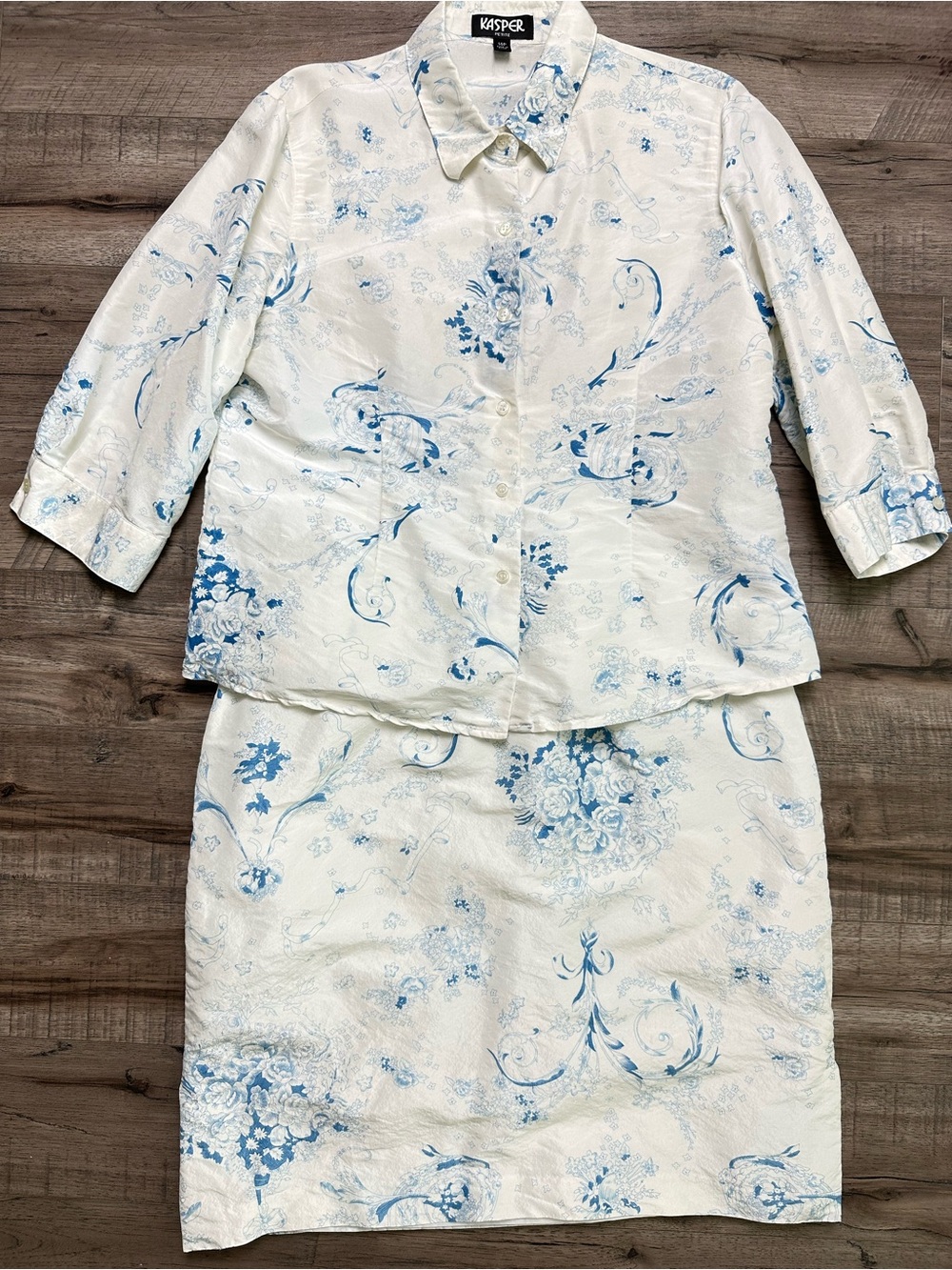 Vtg Kasper Silk Two Piece Skirt Set Blue Floral Co-ord 90s Cottagecore Grandma